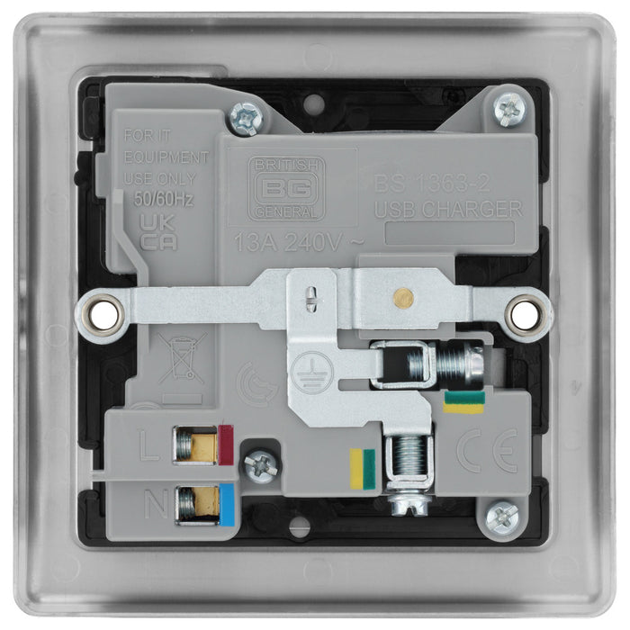 BG NBS21UAC18B Nexus Metal 13A Single Switched Power Socket + USB A+C (18W) - Brushed Steel + Black Insert