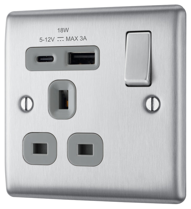 BG NBS21UAC18G Nexus Metal 13A Single Switched Power Socket + USB A+C (18W) - Brushed Steel + Grey Insert