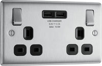 BG NBS22U3B Nexus Metal Double Socket + 2x USB /Black Insert - Brushed Steel