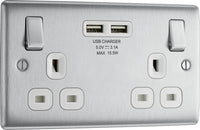 BG NBS22U3W Nexus Metal Double Socket + 2x USB - White Insert - Brushed Steel
