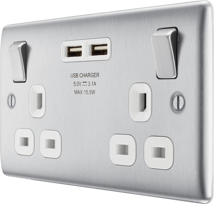 BG NBS22U3W Nexus Metal Double Socket + 2x USB - White Insert - Brushed Steel - westbasedirect.com