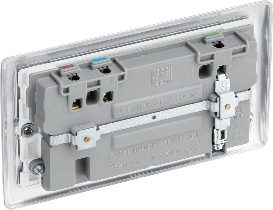 BG NBS22U3W Nexus Metal Double Socket + 2x USB - White Insert - Brushed Steel - westbasedirect.com