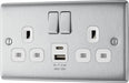 BG NBS22UAC12W Nexus Metal 13A Double Switched Power Socket + USB A+C (12W) - Brushed Steel + White Insert - westbasedirect.com