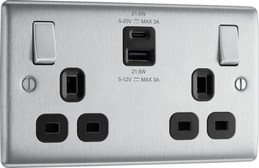 BG NBS22UAC22B Nexus Metal 13A Double Switched Power Socket + USB A+C (22W) - Brushed Steel + Black Insert - westbasedirect.com