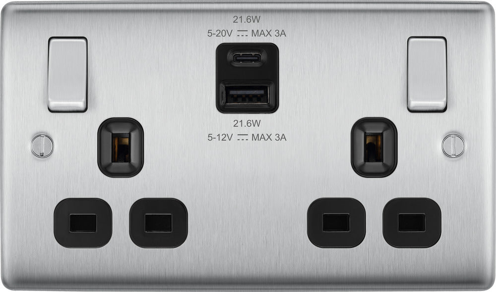 BG NBS22UAC22B Nexus Metal 13A Double Switched Power Socket + USB A+C (22W) - Brushed Steel + Black Insert - westbasedirect.com