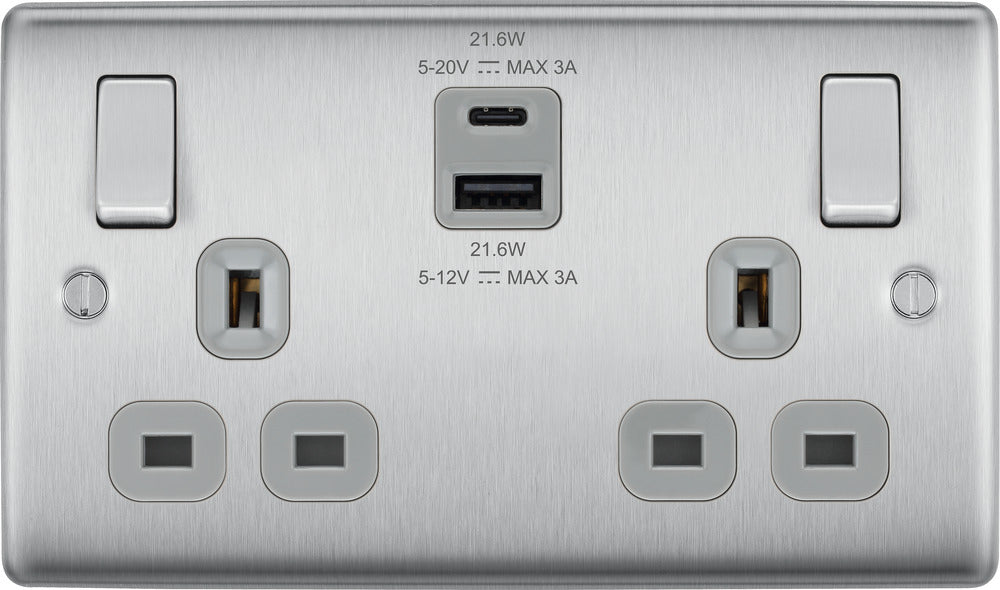 BG NBS22UAC22G Nexus Metal 13A Double Switched Power Socket + USB A+C (22W) - Brushed Steel + Grey Insert - westbasedirect.com