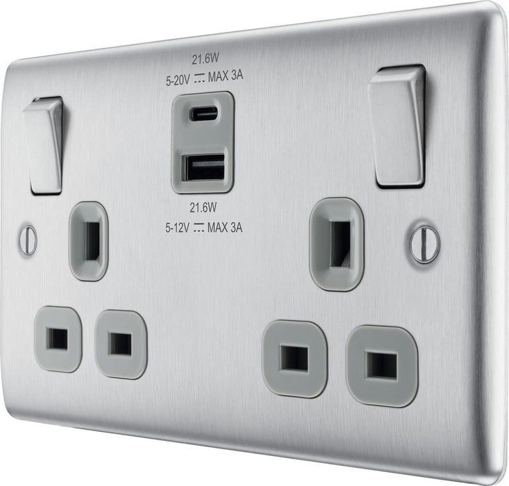 BG NBS22UAC22G Nexus Metal 13A Double Switched Power Socket + USB A+C (22W) - Brushed Steel + Grey Insert - westbasedirect.com
