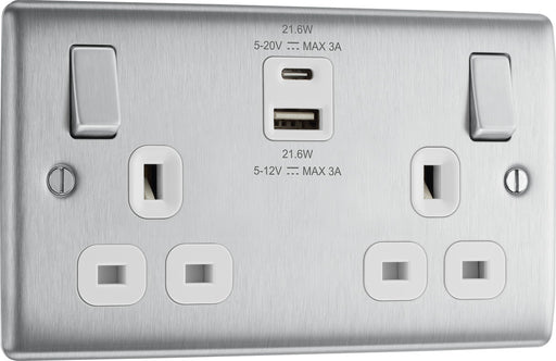BG NBS22UAC22W Nexus Metal 13A Double Switched Power Socket + USB A+C (22W) - Brushed Steel + White Insert - westbasedirect.com