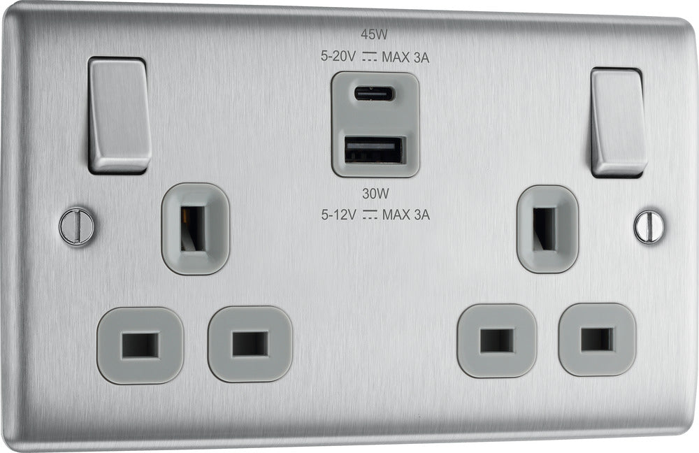 BG NBS22UAC45G Nexus Metal 13A Double Switched Power Socket + USB A+C (45W) - Brushed Steel + Grey Insert - westbasedirect.com