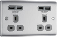 BG NBS24U44G Nexus Metal Double Socket + 4x USB - Grey Insert - Brushed Steel
