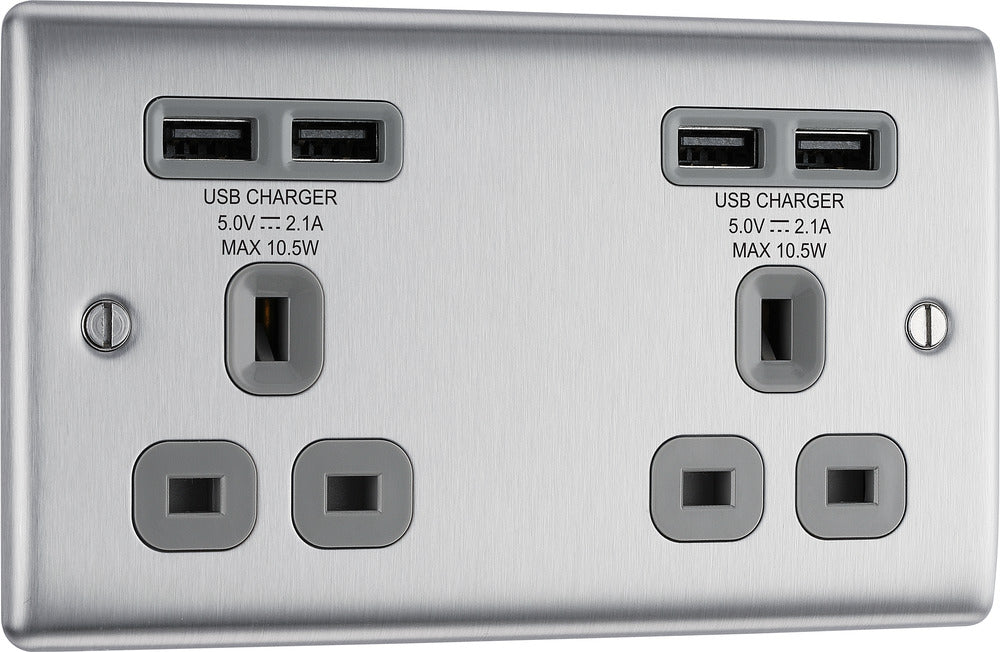 BG NBS24U44G Nexus Metal Double Socket + 4x USB - Grey Insert - Brushed Steel - westbasedirect.com