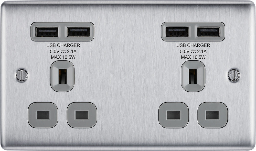 BG NBS24U44G Nexus Metal Double Socket + 4x USB - Grey Insert - Brushed Steel - westbasedirect.com