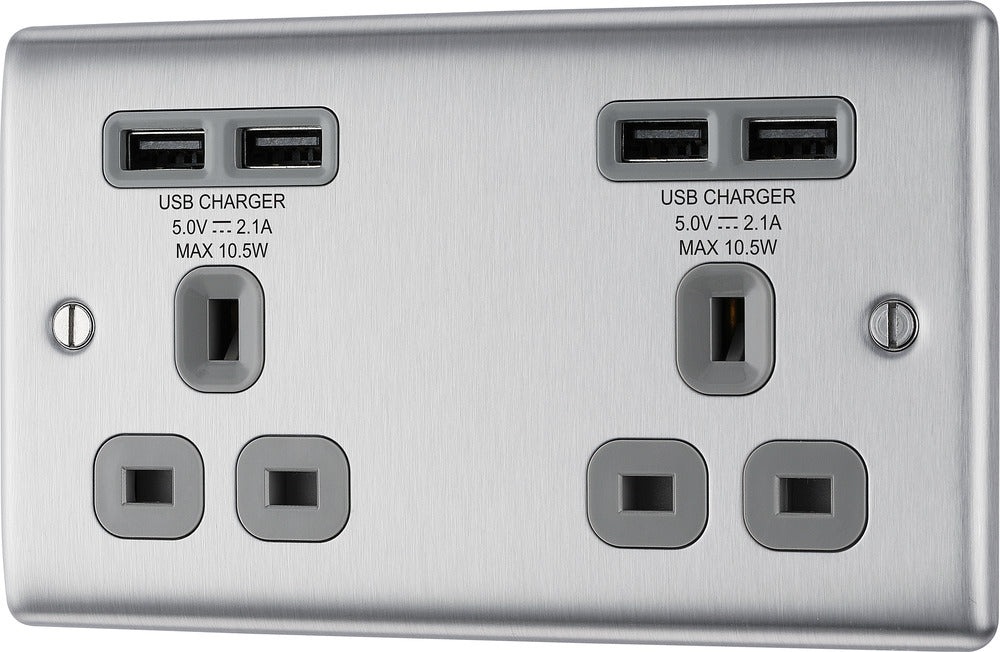 BG NBS24U44G Nexus Metal Double Socket + 4x USB - Grey Insert - Brushed Steel - westbasedirect.com