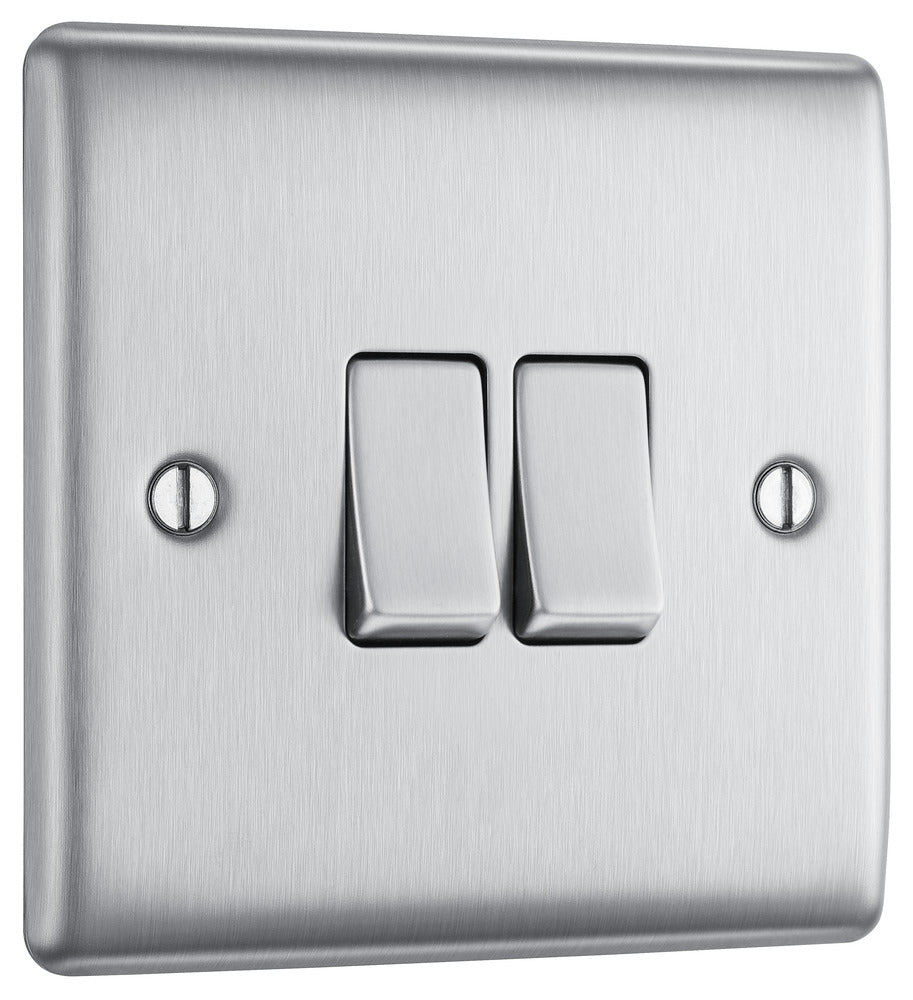 NBS42 Nexus Metal 16AX 2 Way Double Light Switch Brushed Steel