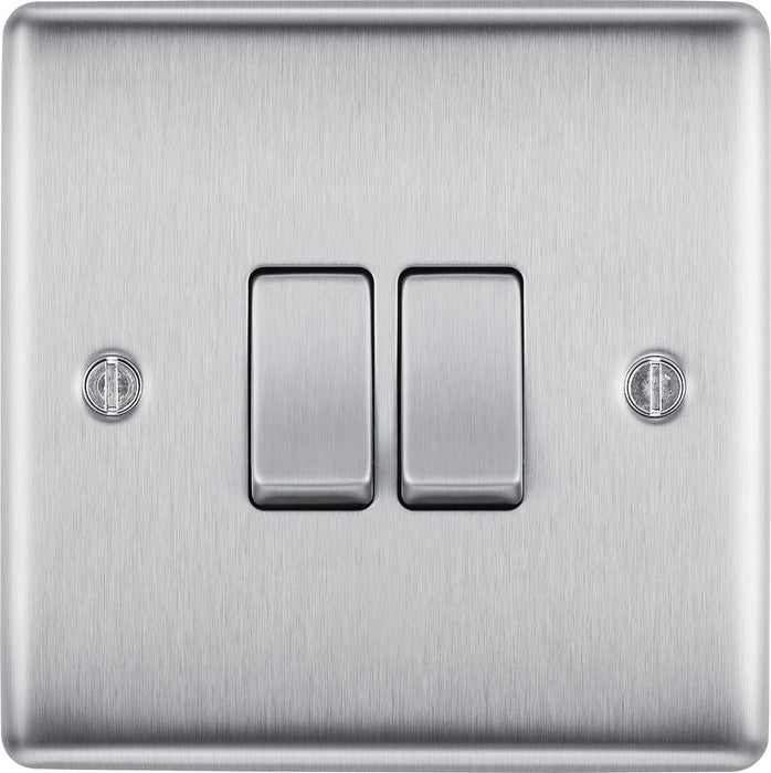 BG NBS42 Nexus Metal Double Light Switch 10A - Brushed Steel (10 Pack) - westbasedirect.com