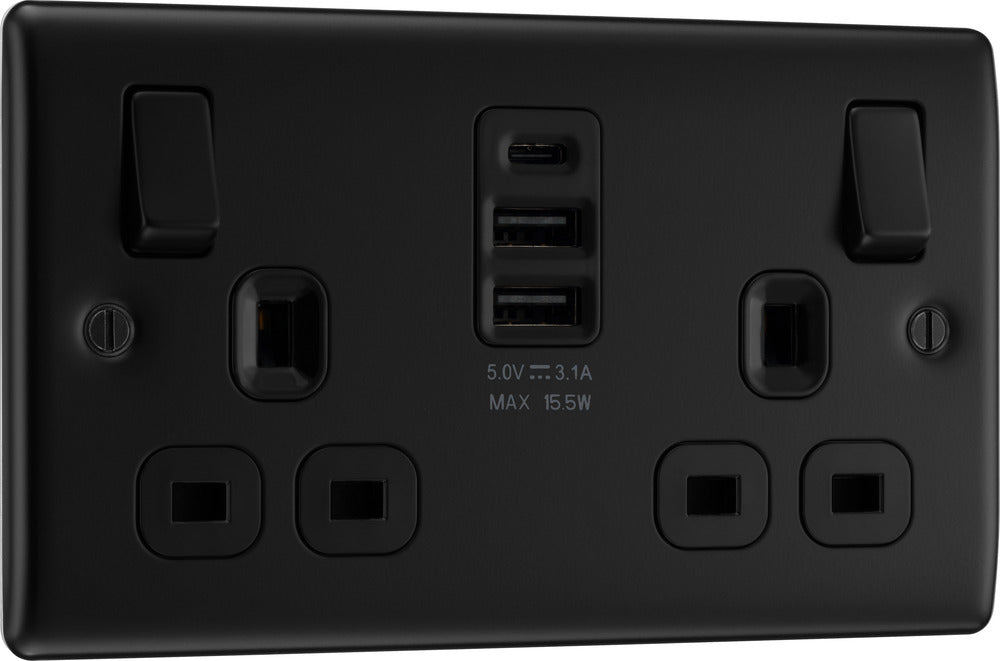 BG NFB22UAAC15B Nexus Metal Double Socket + 2xUSB A +1xUSB C(15W) - Black Insert - Matt Black + Black Rocker - westbasedirect.com