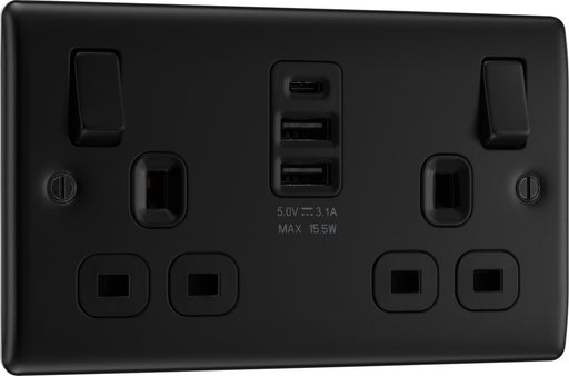 BG NFB22UAAC15B Nexus Metal Double Socket + 2xUSB A +1xUSB C(15W) - Black Insert - Matt Black + Black Rocker - westbasedirect.com