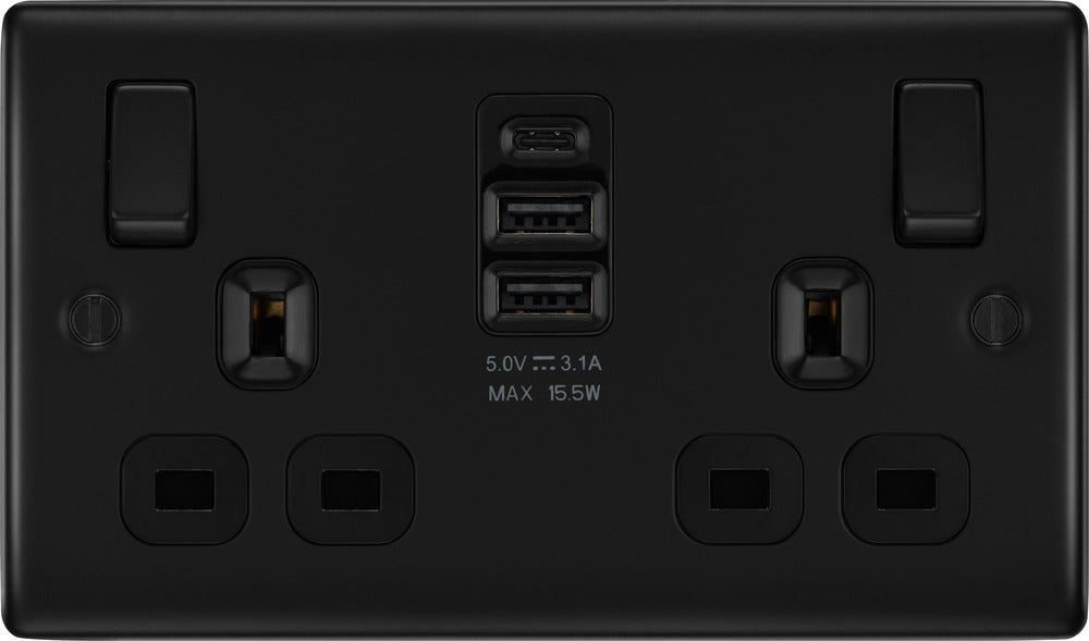 BG NFB22UAAC15B Nexus Metal Double Socket + 2xUSB A +1xUSB C(15W) - Black Insert - Matt Black + Black Rocker - westbasedirect.com