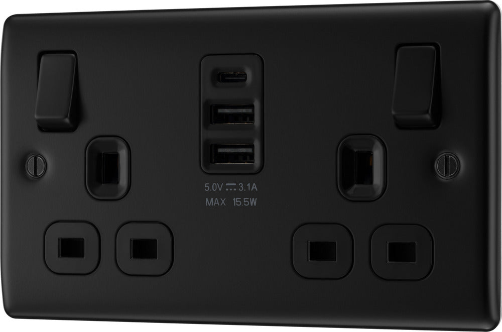 BG NFB22UAAC15B Nexus Metal Double Socket + 2xUSB A +1xUSB C(15W) - Black Insert - Matt Black + Black Rocker - westbasedirect.com