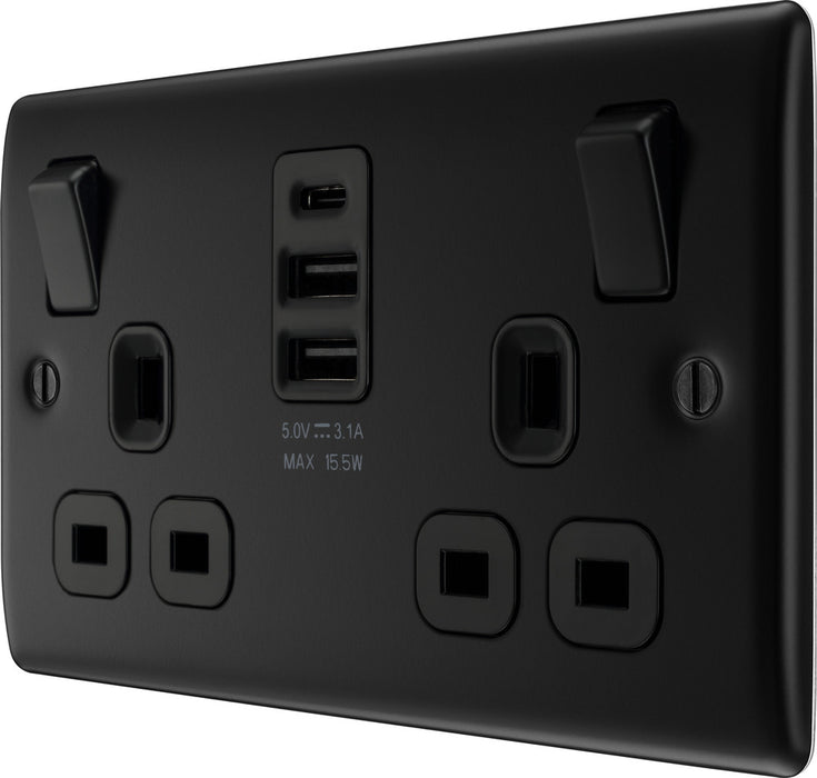 BG NFB22UAAC15B Nexus Metal Double Socket + 2xUSB A +1xUSB C(15W) - Black Insert - Matt Black + Black Rocker - westbasedirect.com