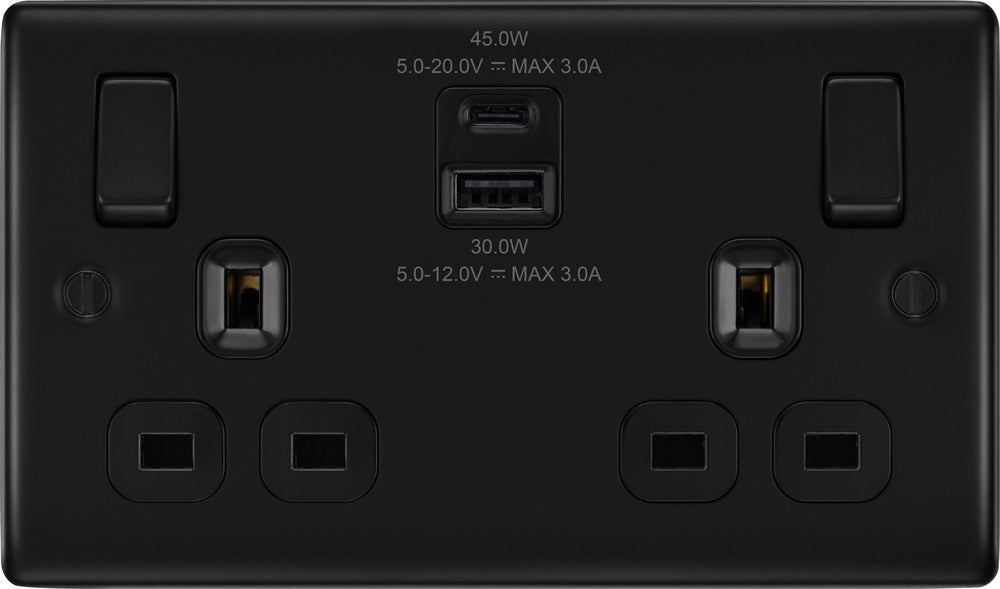 BG NFB22UAC45B Nexus Metal Double Socket + 2xUSB A+C(45W) - Black Insert - Matt Black + Black Rocker - westbasedirect.com