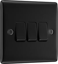 BG NFB43 Nexus Metal 20A 16AX 2 Way Triple Light Switch - Matt Black + Black Rocker
