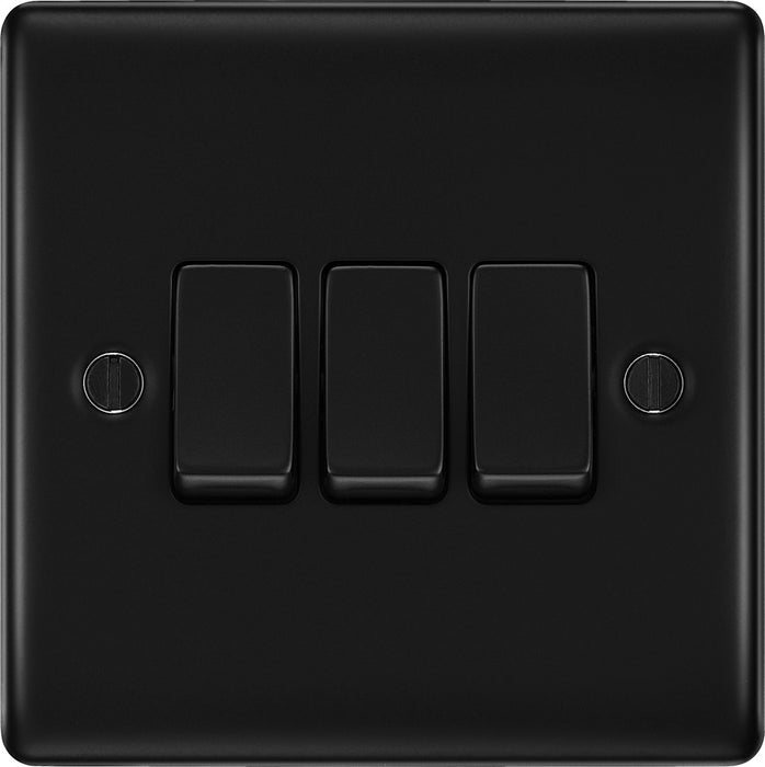 BG NFB43 Nexus Metal Triple Light Switch 10A - Matt Black + Black Rocker - westbasedirect.com