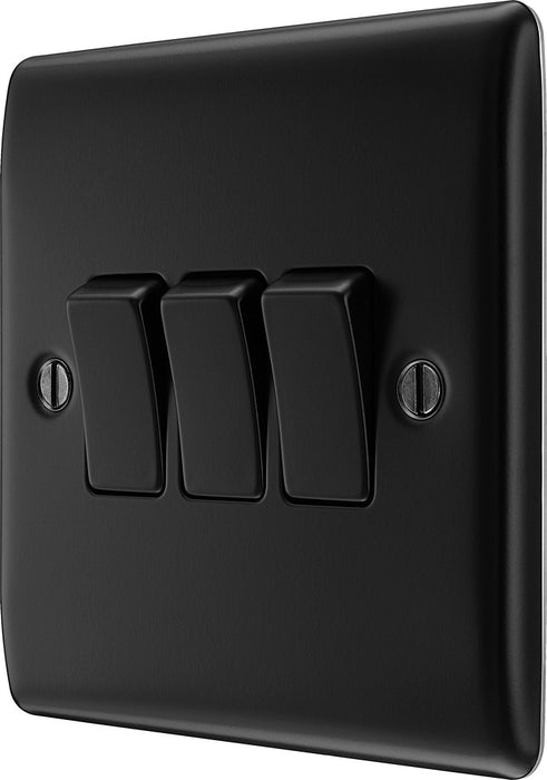 BG NFB43 Nexus Metal Triple Light Switch 10A - Matt Black + Black Rocker - westbasedirect.com