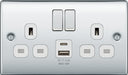 BG NPC22UAC12W Nexus Metal 13A Double Switched Power Socket + USB A+C (12W) - Polished Chrome + White Insert - westbasedirect.com