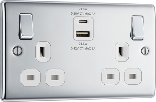 BG NPC22UAC22W Nexus Metal 13A Double Switched Power Socket + USB A+C (22W) - Polished Chrome + White Insert - westbasedirect.com