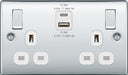 BG NPC22UAC22W Nexus Metal 13A Double Switched Power Socket + USB A+C (22W) - Polished Chrome + White Insert - westbasedirect.com