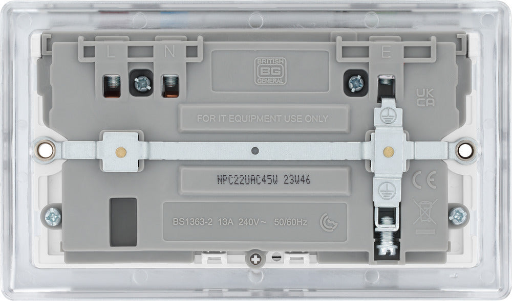BG NPC22UAC45W Nexus Metal 13A Double Switched Power Socket + USB A+C (45W) - Polished Chrome + White Insert - westbasedirect.com