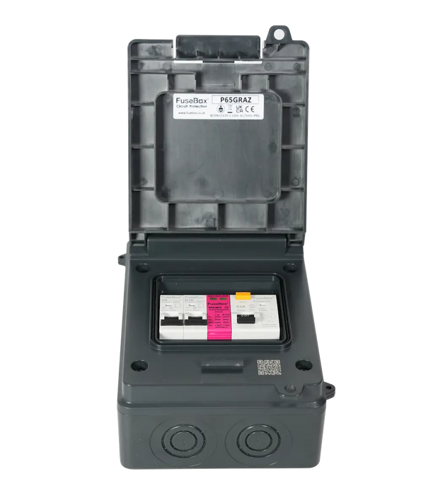 FuseBox P65GRAZ IP65 Plastic Garage Unit 63A 30mA RCD 6A/16A MCBs T2 SPD Grey