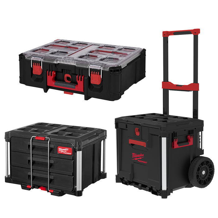 Milwaukee PACKOUT Rolling Drawer, 3 Drawer Tool Box & Deep Organiser Kit