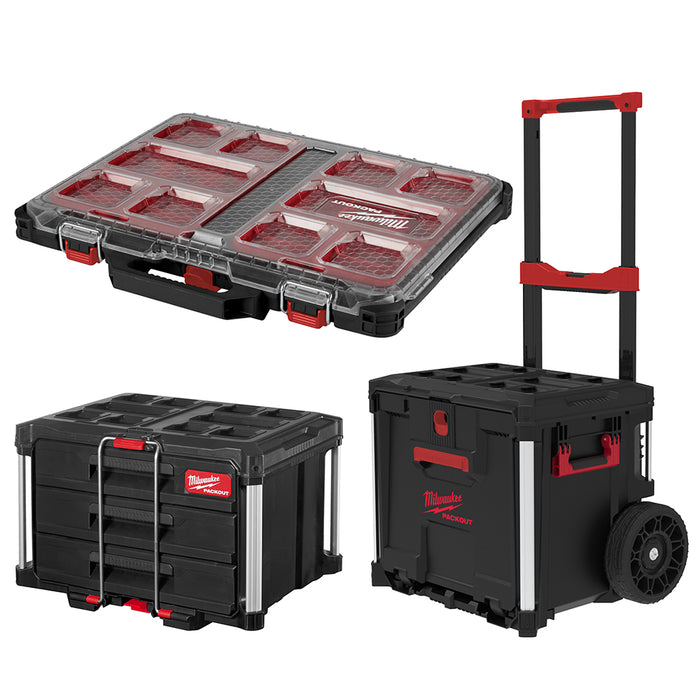 Milwaukee PACKOUT Rolling Drawer, 3 Drawer Tool Box & Slim Organiser Kit