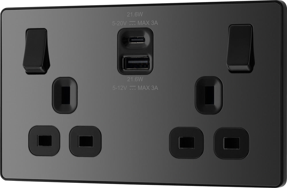BG Evolve PCDBC22UAC22B 13A Double Switched Power Socket + USB A+C (22W) - Black Chrome (Black) - westbasedirect.com