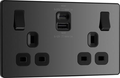 BG Evolve PCDBC22UAC45B 13A Double Switched Power Socket + USB A+C (45W) - Black Chrome (Black) - westbasedirect.com
