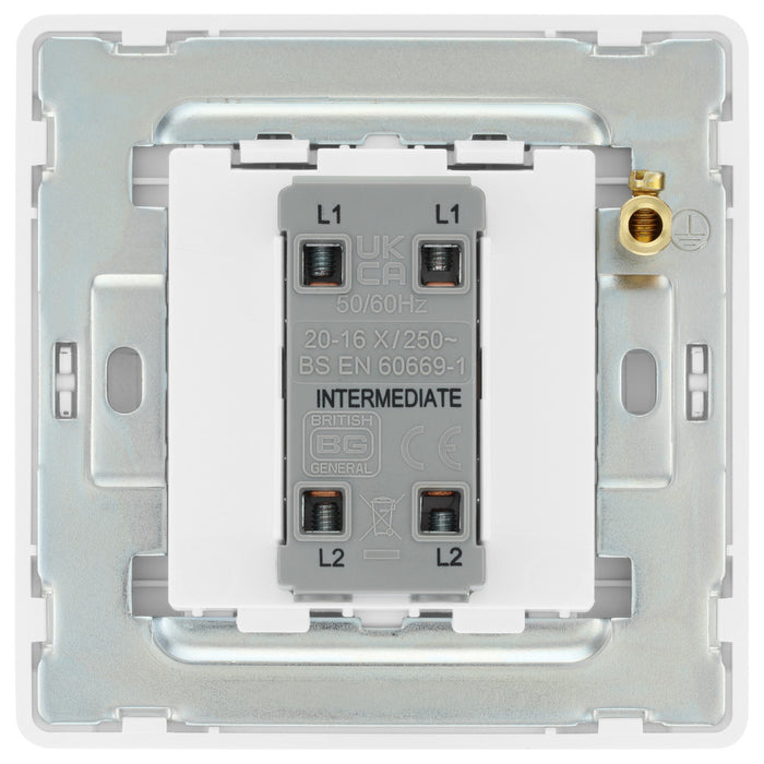 BG Evolve PCDBS13EW 20A 16AX 2 Way Single Intermediate Light Switch, Edge to Edge Rocker - Brushed Steel (White) - westbasedirect.com