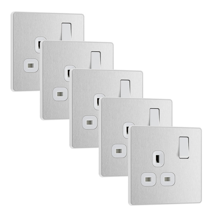 BG Evolve PCDBS21Wx5 13A Single Switched Power Socket - Brushed Steel (White) (5 Pack)