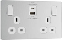 BG Evolve PCDBS22UAC22W 13A Double Switched Power Socket + USB A+C (22W) - Brushed Steel (White)