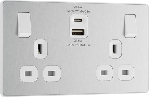 BG Evolve PCDBS22UAC22W 13A Double Switched Power Socket + USB A+C (22W) - Brushed Steel (White) - westbasedirect.com
