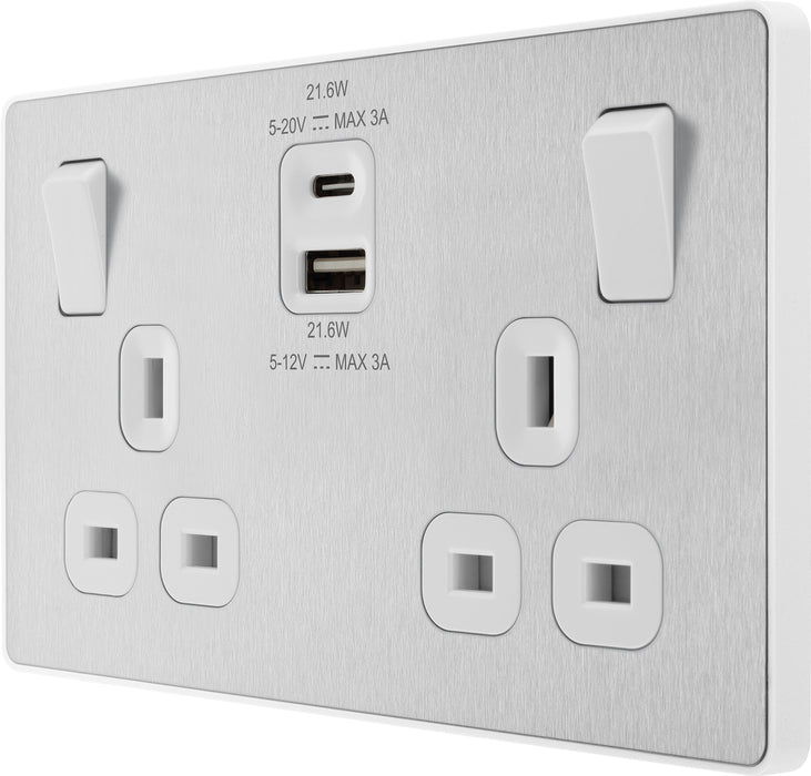 BG Evolve PCDBS22UAC22W 13A Double Switched Power Socket + USB A+C (22W) - Brushed Steel (White) - westbasedirect.com
