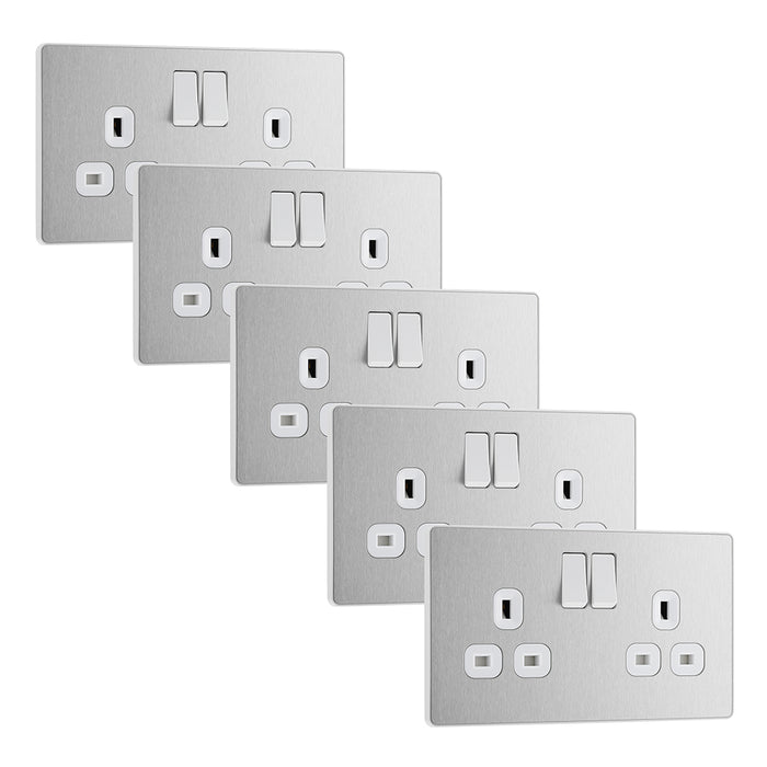 BG Evolve PCDBS22Wx5 13A Double Switched Power Socket - Brushed Steel (White) (5 Pack)