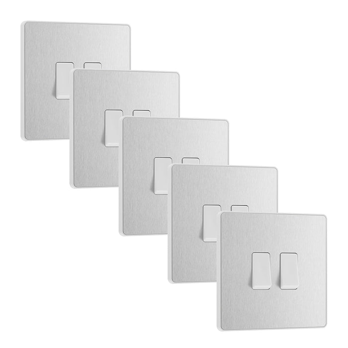 BG Evolve PCDBS42Wx5 20A 16AX 2 Way Double Light Switch - Brushed Steel (White) (5 Pack)