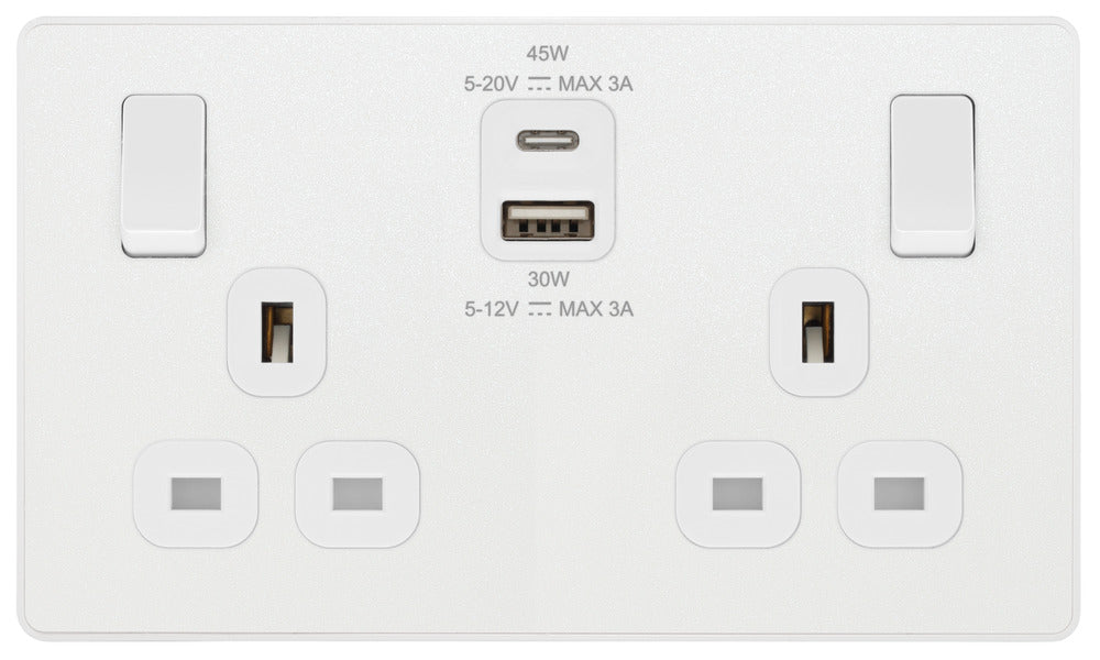 BG Evolve PCDCL22UAC45W 13A Double Switched Power Socket + USB A+C (45W) - Pearlescent White (White) - westbasedirect.com