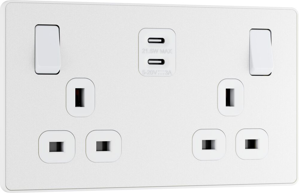 BG Evolve PCDCL22UCC22W 13A Double Switched Power Socket + 2xUSB-C (22W) - Pearlescent White (White)