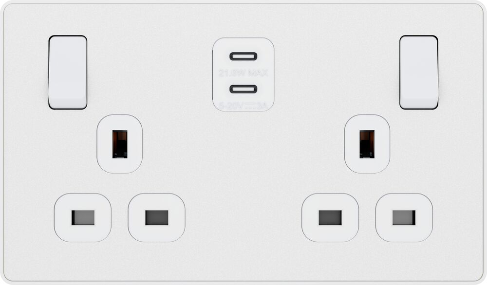 BG Evolve PCDCL22UCC22W 13A Double Switched Power Socket + 2xUSB-C (22W) - Pearlescent White (White)