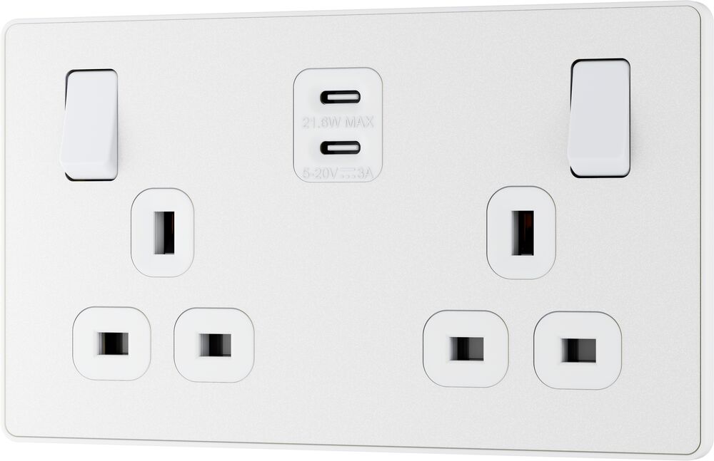 BG Evolve PCDCL22UCC22W 13A Double Switched Power Socket + 2xUSB-C (22W) - Pearlescent White (White)