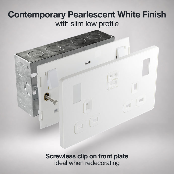 BG Evolve PCDCL22UCC22W 13A Double Switched Power Socket + 2xUSB-C (22W) - Pearlescent White (White)