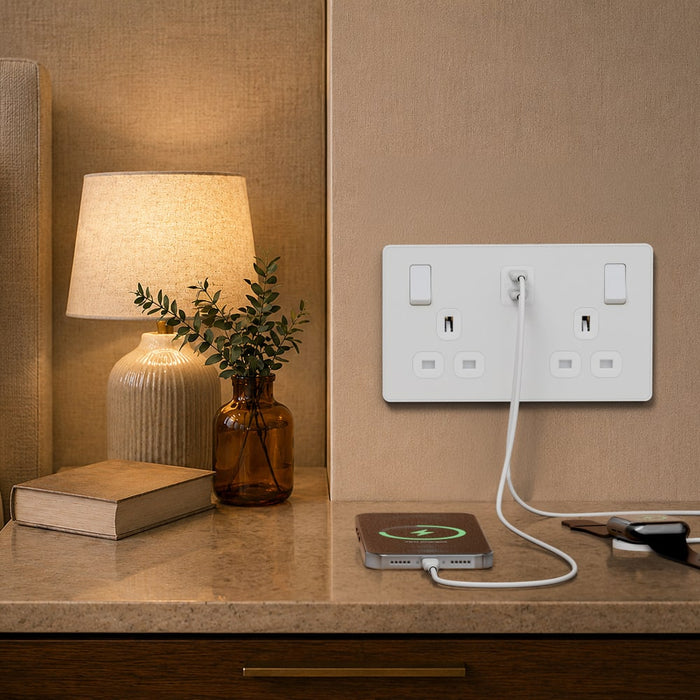 BG Evolve PCDCL22UCC22W 13A Double Switched Power Socket + 2xUSB-C (22W) - Pearlescent White (White)